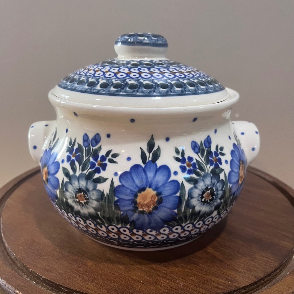 Vtg Boleslawiec Polish Pottery Blue Floral Unikat Lidded Bowl M. Lis Poland
